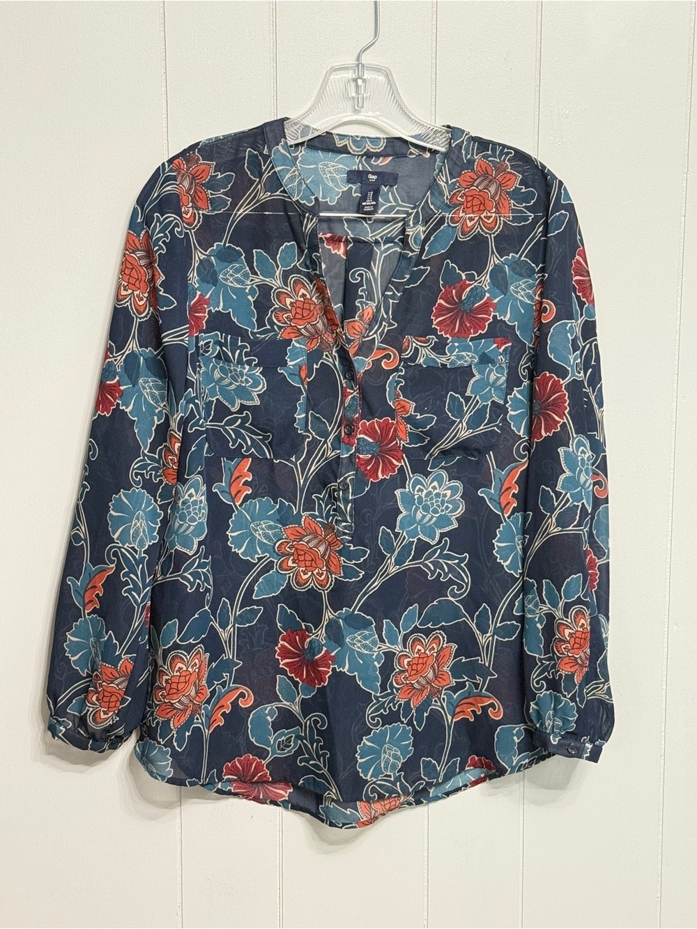 #17) GAP Navy Floral Popover Blouse with Rust-Red and Teal Flowers